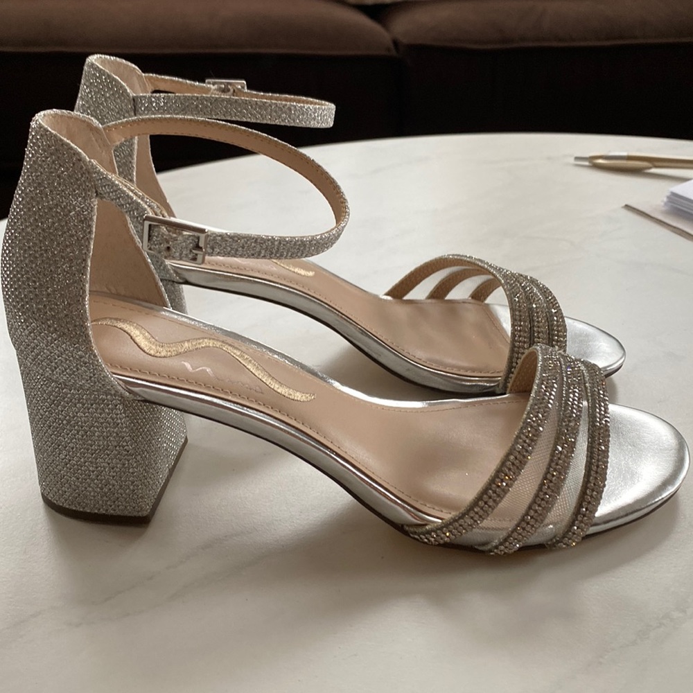 Nina, silver sparkly shoes with 2” block heel sz 8